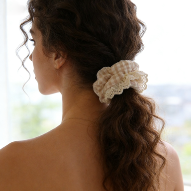 Beige Plaid Lace Scrunchie