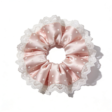 Pink Polka Dot Satin Lace Scrunchie