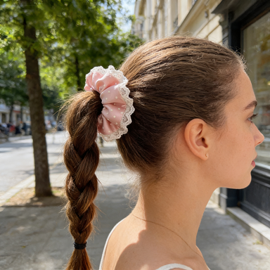 Pink Polka Dot Satin Lace Scrunchie