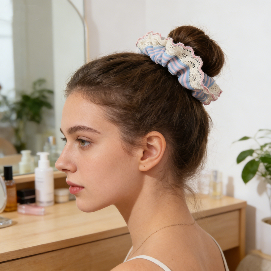 Blue & Pink Striped Lace Scrunchie