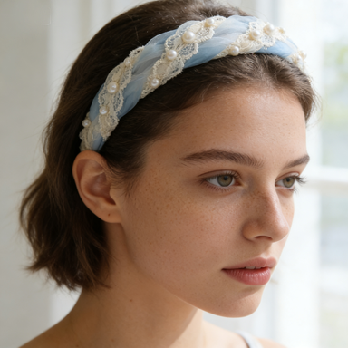 Blue Tulle & Pearl Headband
