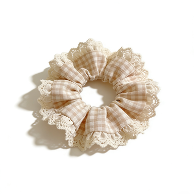 Beige Plaid Lace Scrunchie