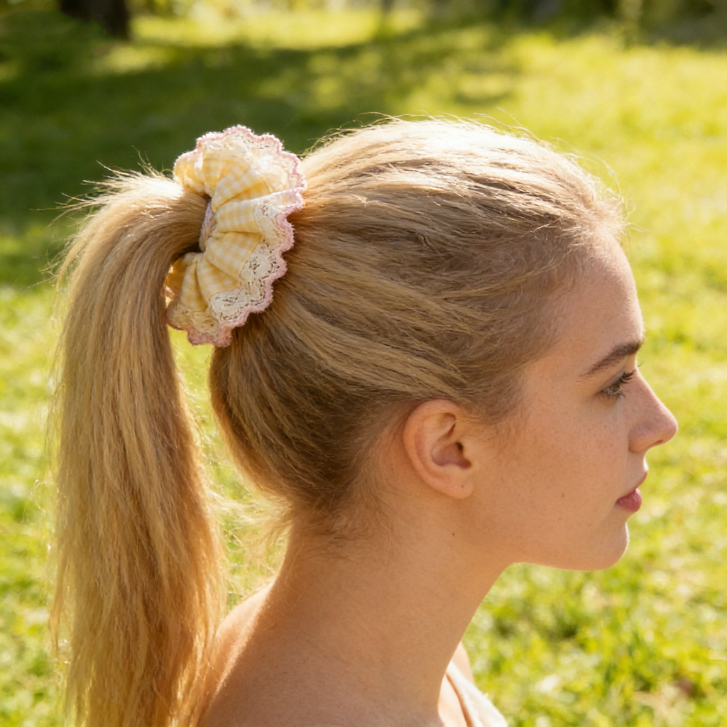 Yellow Gingham Pink Lace Scrunchie