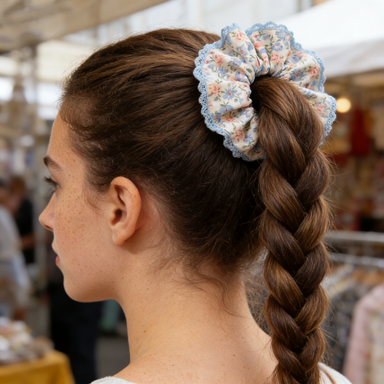 White Floral Blue Lace Scrunchie