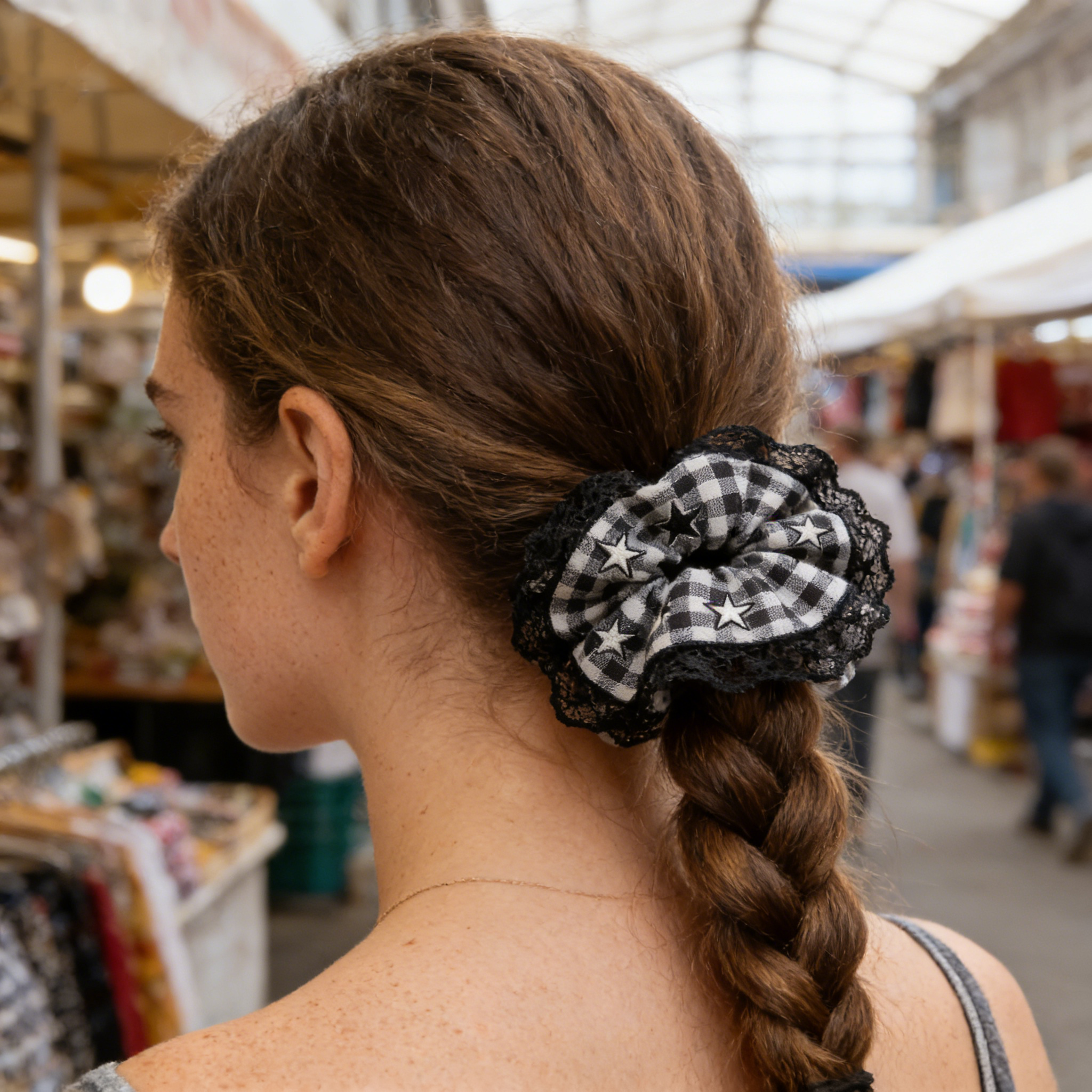 Black & White Plaid Star Lace Scrunchie