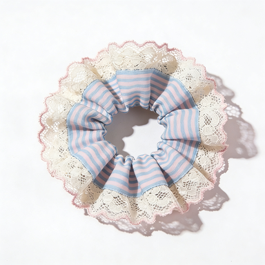 Blue & Pink Striped Lace Scrunchie