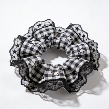 Black & White Plaid Star Lace Scrunchie