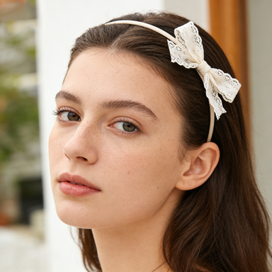 Beige Satin & Lace Bow Headband