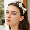 Beige Satin & Lace Bow Headband