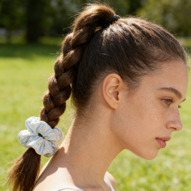 Light Blue Stripe Floral Scrunchie