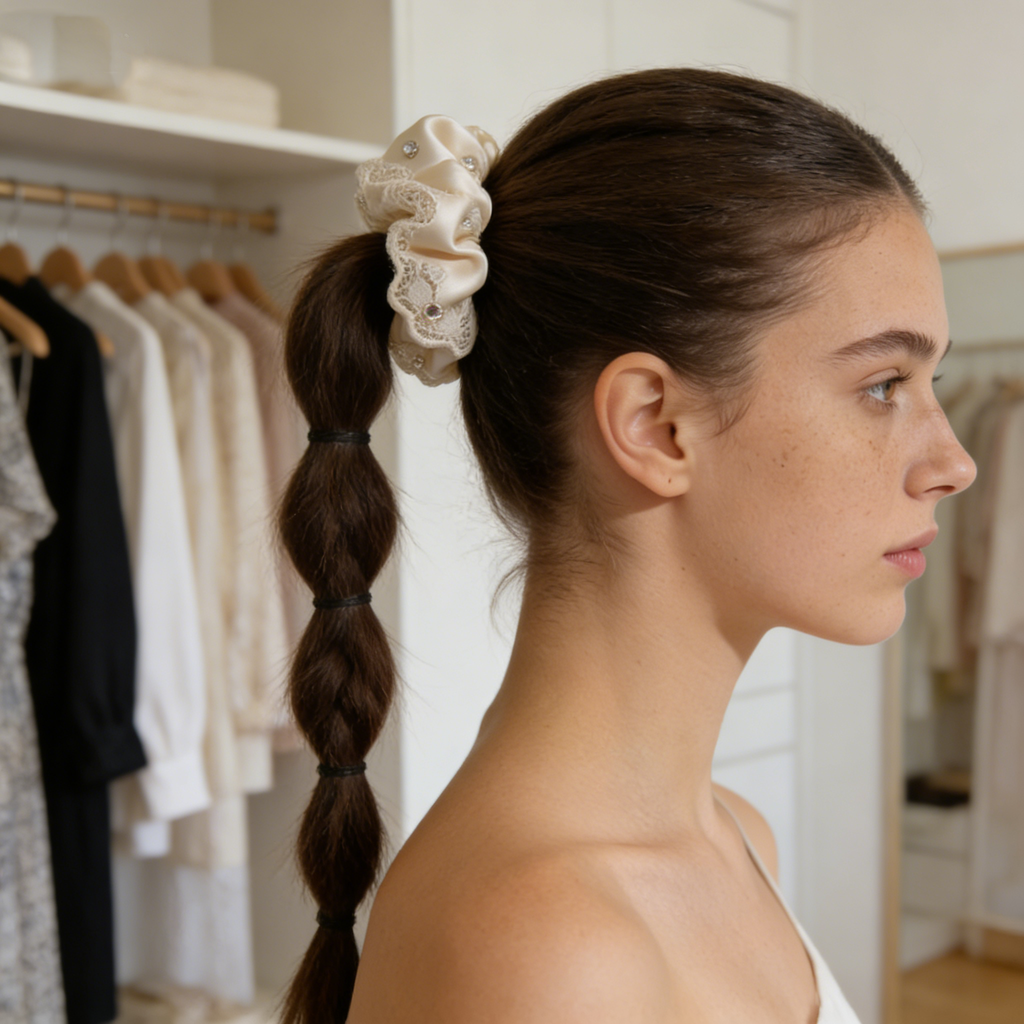 Champagne Satin Rhinestone Lace Scrunchie