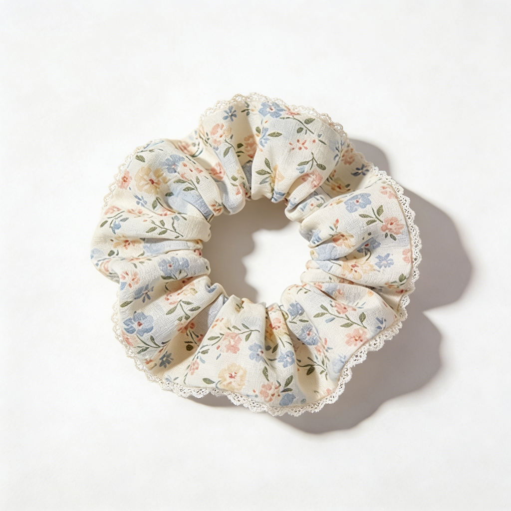 Cream Floral Lace Trim Scrunchie