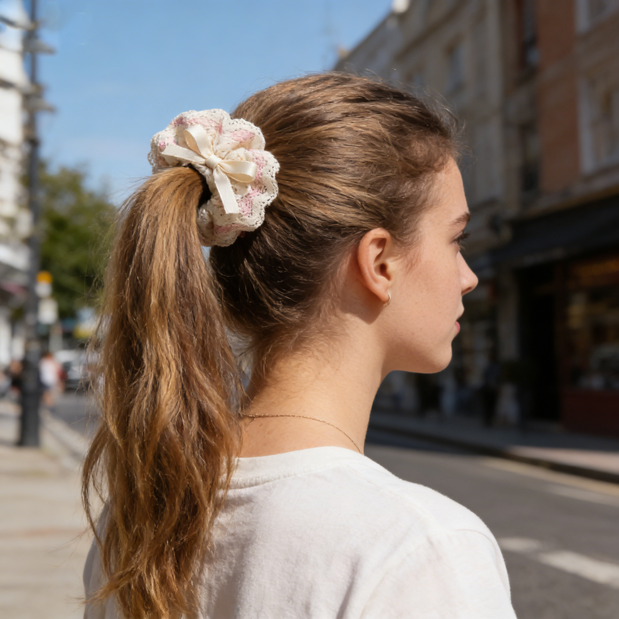 Pink Lace Bow Scrunchie
