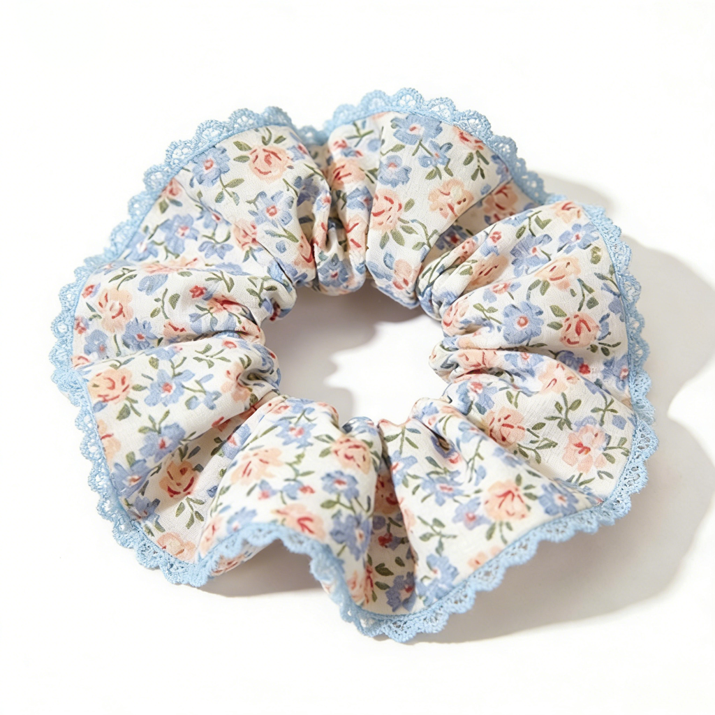 White Floral Blue Lace Scrunchie