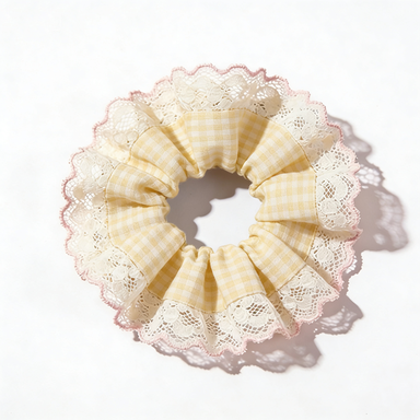 Yellow Gingham Pink Lace Scrunchie