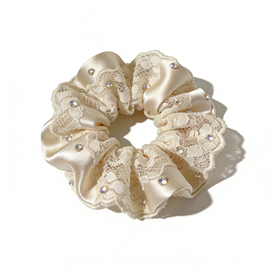 Champagne Satin Rhinestone Lace Scrunchie